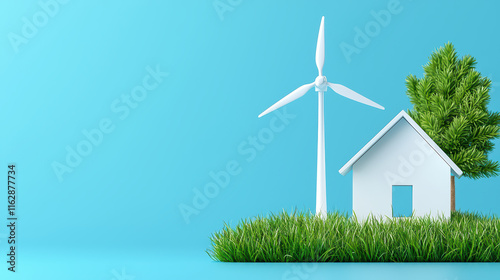 modern house with wind turbine and tree, symbolizing sustainability and eco friendliness