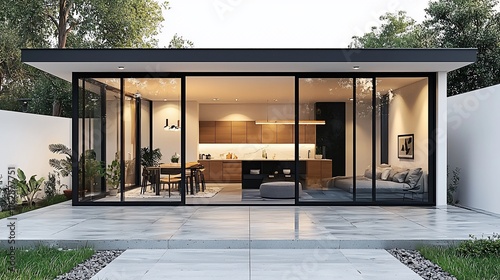 Modern house with open-plan kitchen, living area, and sliding glass doors.