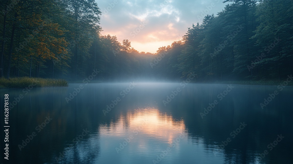 Fototapeta premium Serene Sunset Over Misty Forest Lake