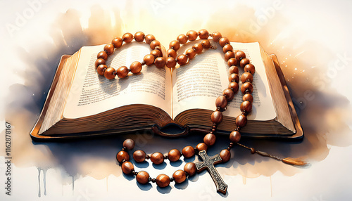 Delicate watercolor: rosary draped over open Bible. Intricate beads, soft colors. Faith, prayer, religious devotion.