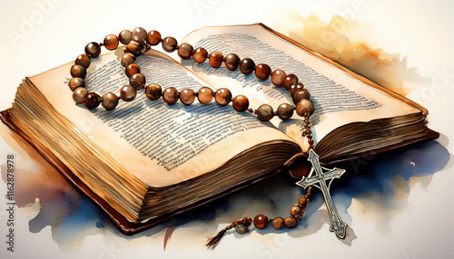 Delicate watercolor: rosary draped over open Bible. Intricate beads, soft colors. Faith, prayer, religious devotion.