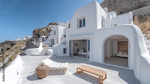 Modern white villa with ocean view, patio furniture, and bedrooms.