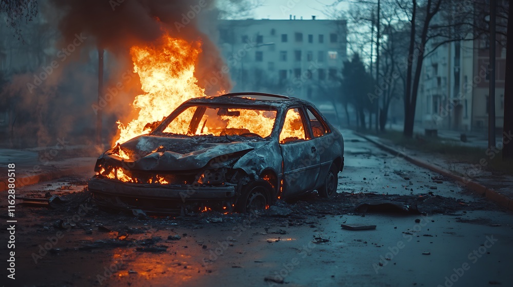 Obraz premium Burning car in the city street emitting smoke and flames