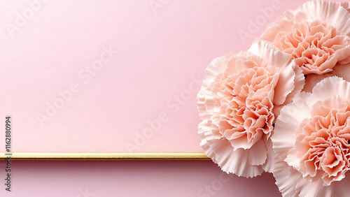 Elegant Peach Carnations on a Pink Background with Gold Frame. Perfect for Mother's Day, wedding, or feminine design. photo