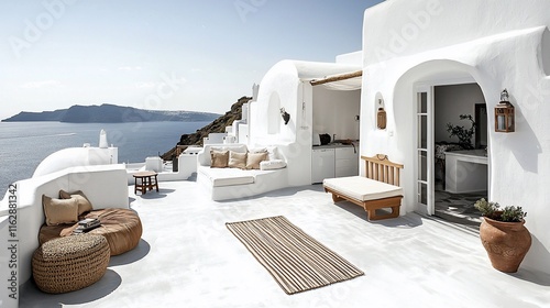 Whitewashed Mediterranean terrace overlooking the sea.