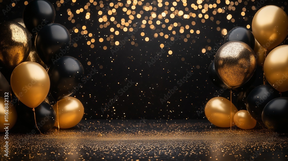 Naklejka premium Elegant black and gold balloon celebration backdrop with sparkling glitter for parties and events