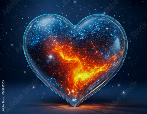 magical space scene in glass heart, galaxies and stars, cosmic love and romance