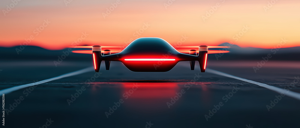 futuristic vehicle with glowing lights hovering above runway at sunset futuristic vehicle with glowing lights hovering above runway at sunset