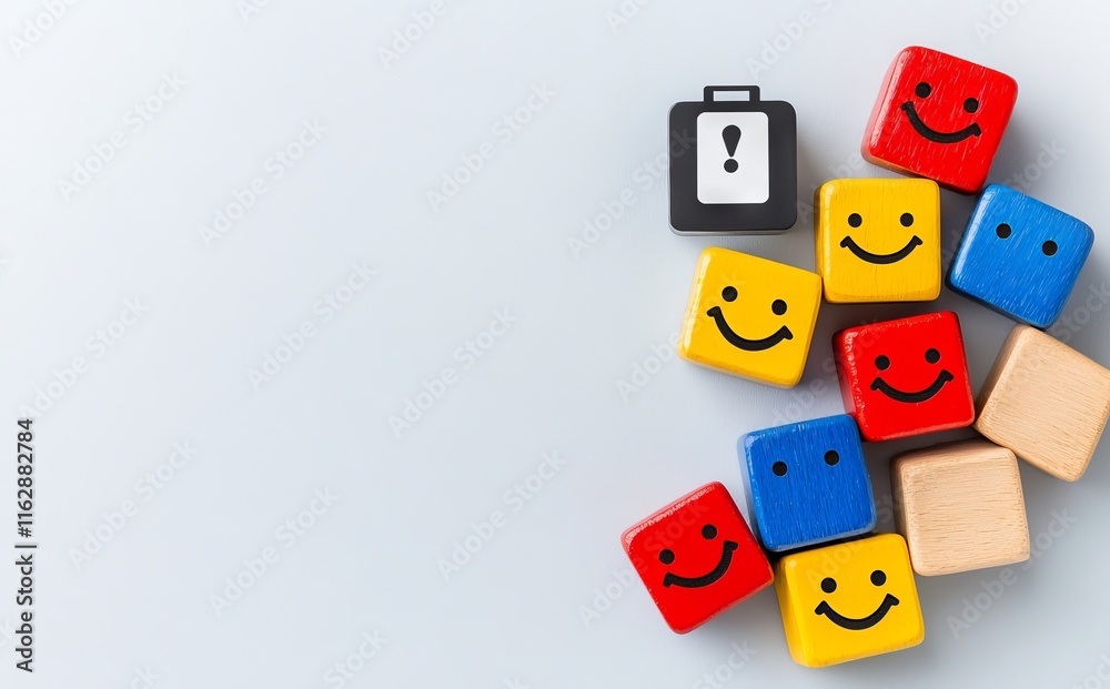 Obraz premium Happiness and mental well-being are represented by an emotional face symbol on stacked wooden blocks with battery icons ranging from full to empty. This symbolizes life satisfaction levels and