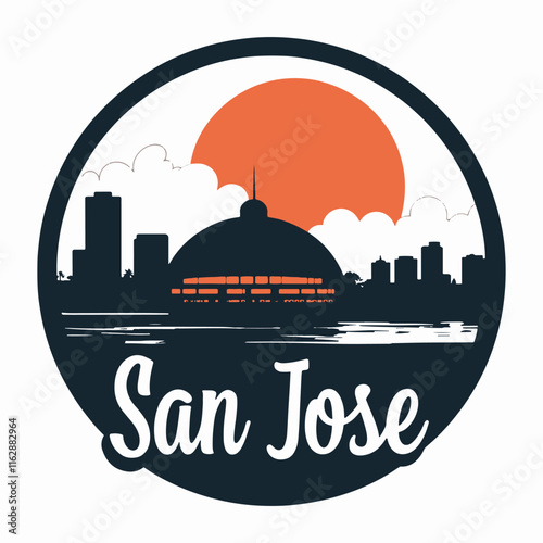 Detailed silhouette of the Tech Interactive Dome with the San Jose skyline, ideal for tech-inspired projects, urban illustrations, and architectural designs