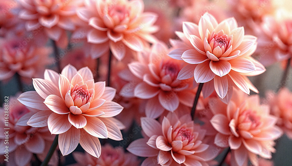 Obraz premium Peach-colored dahlia flowers blooming in soft sunlight