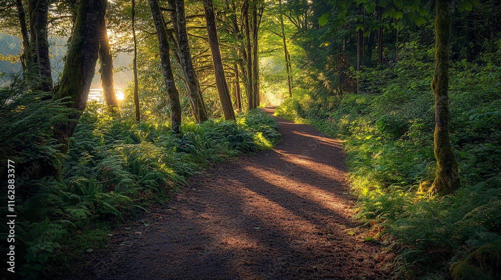 Fototapeta premium A scenic forest trail surrounded by lush green trees and vibrant spring foliage, with soft sunlight filtering through the leaves