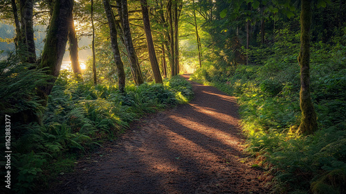 A scenic forest trail surrounded by lush green trees and vibrant spring foliage, with soft sunlight filtering through the leaves