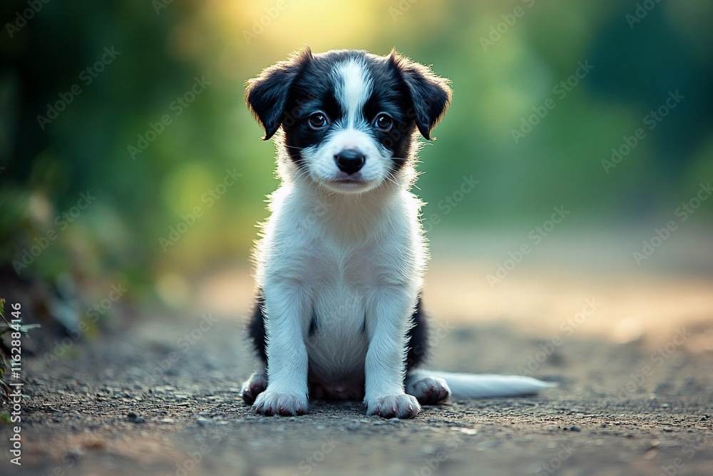 Adorable black and white puppy sitting on a dirt path in a sunlit forest. Adorable black and white puppy sitting on a dirt path in a sunlit forest.
