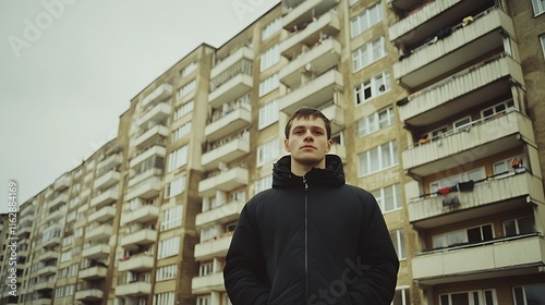 Wallpaper Mural Young man standing in front of apartment building, looking serious and contemplative Torontodigital.ca