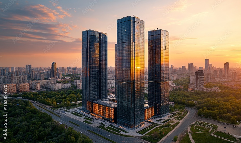Fototapeta premium Aerial view of reflective skyscraper buildings. Business office center in the big city, high rise building covered in glass window. Generative AI