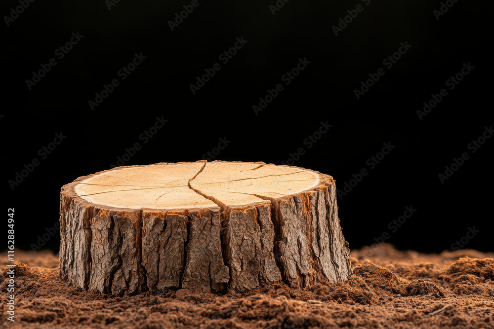 close up of tree stump resting on brown soil, showcasing its textured surface and natural beauty close up of tree stump resting on brown soil, showcasing its textured surface and natural beauty