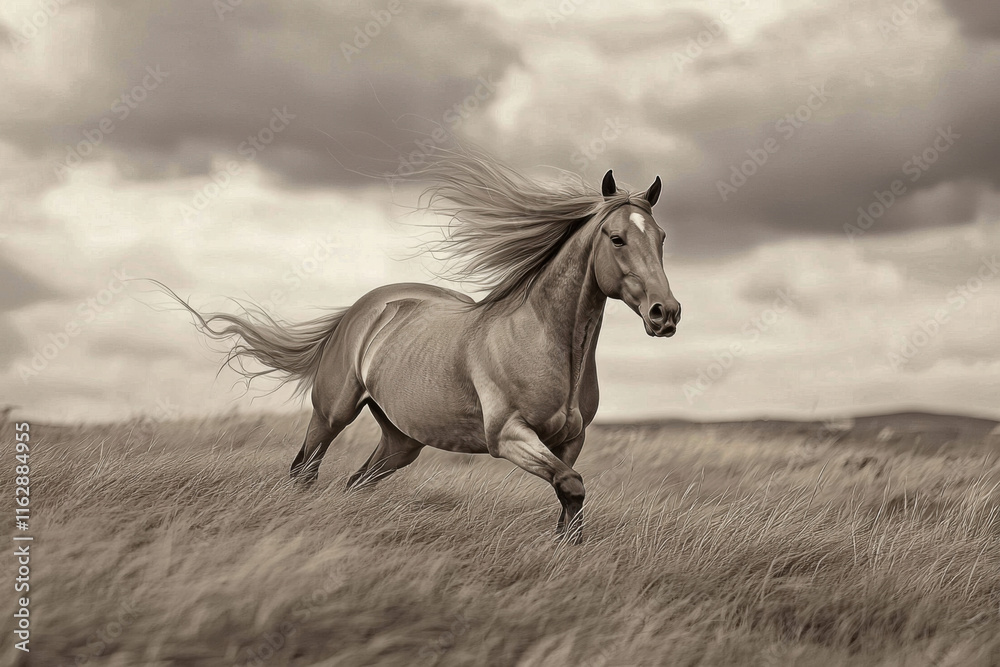 Fototapeta premium Horse Galloping Through Grassy Meadow