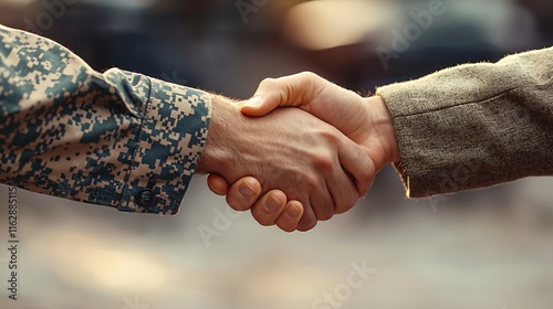 Soldier shaking hands with businessman, thanking for service and celebrating partnership