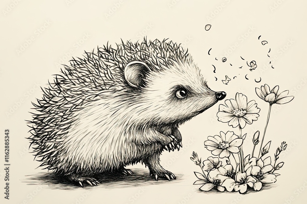 Fototapeta premium A Hedgehog Sniffing Delicate Wildflowers In A Meadow