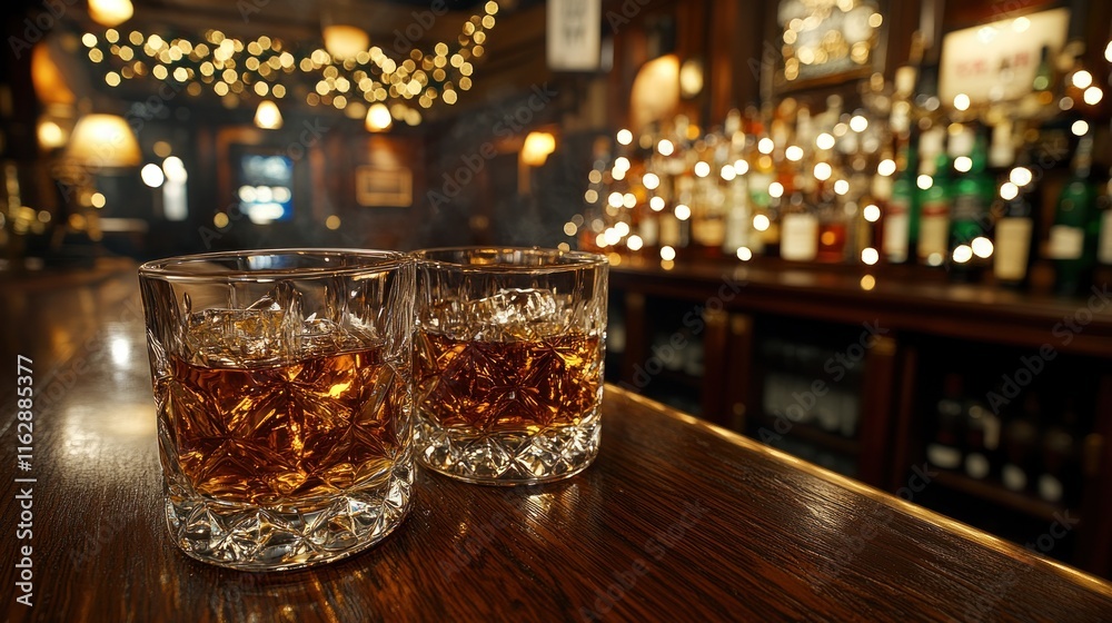 Two whiskey glasses on a bar counter in a dimly lit pub. Two whiskey glasses on a bar counter in a dimly lit pub.