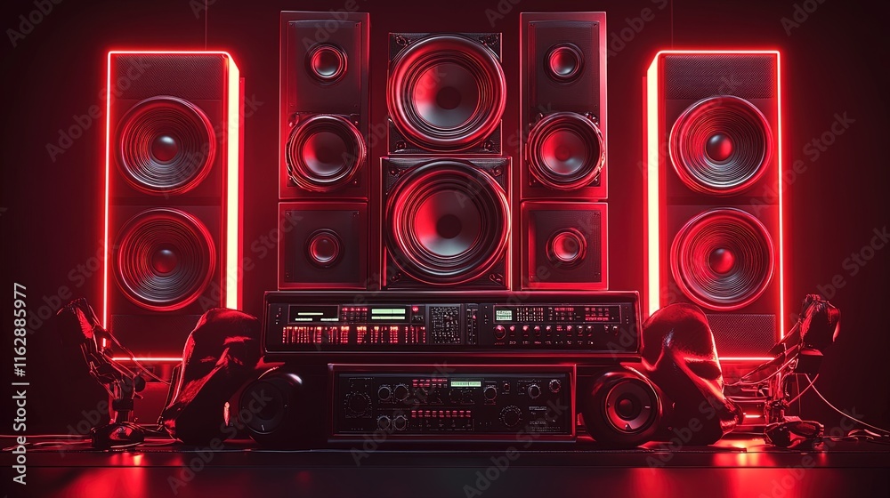 Fototapeta premium Red-lit stereo system with speakers and mixer.