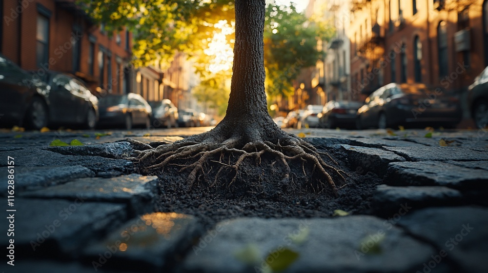Obraz premium Tree Roots Breaking Through City Pavement