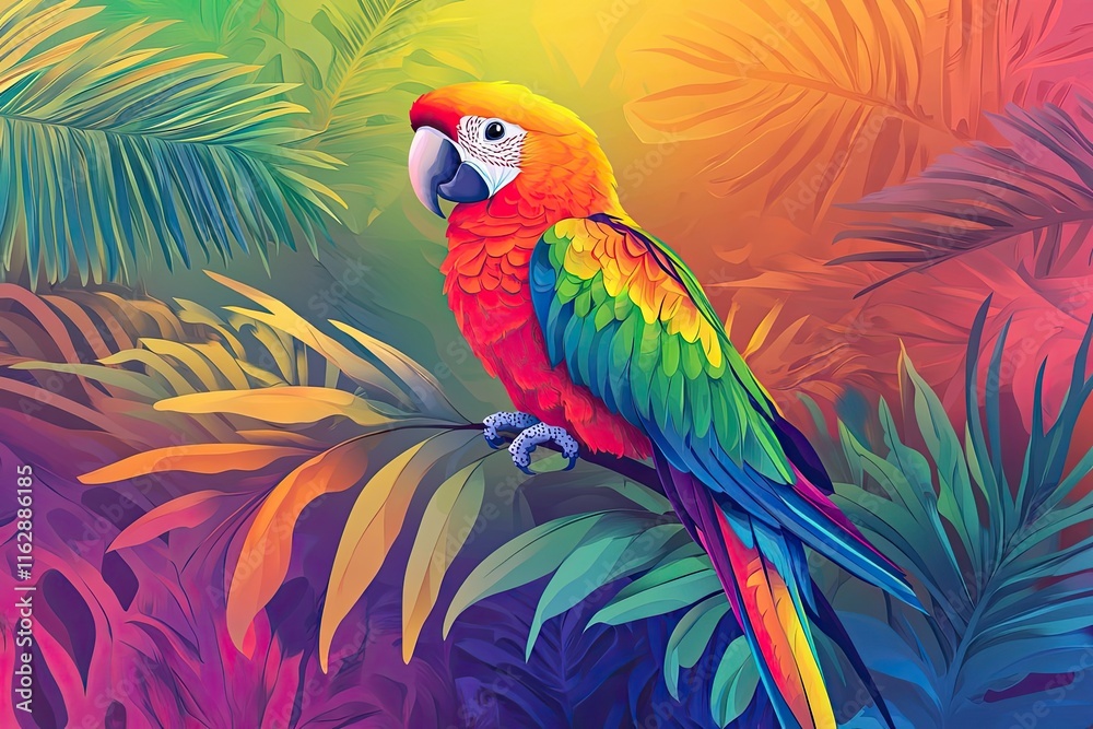 Fototapeta premium Vibrant Macaw Perched Amidst Lush Tropical Foliage