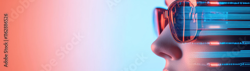 close up of futuristic communication system with digital elements, showcasing person profile wearing stylish sunglasses
