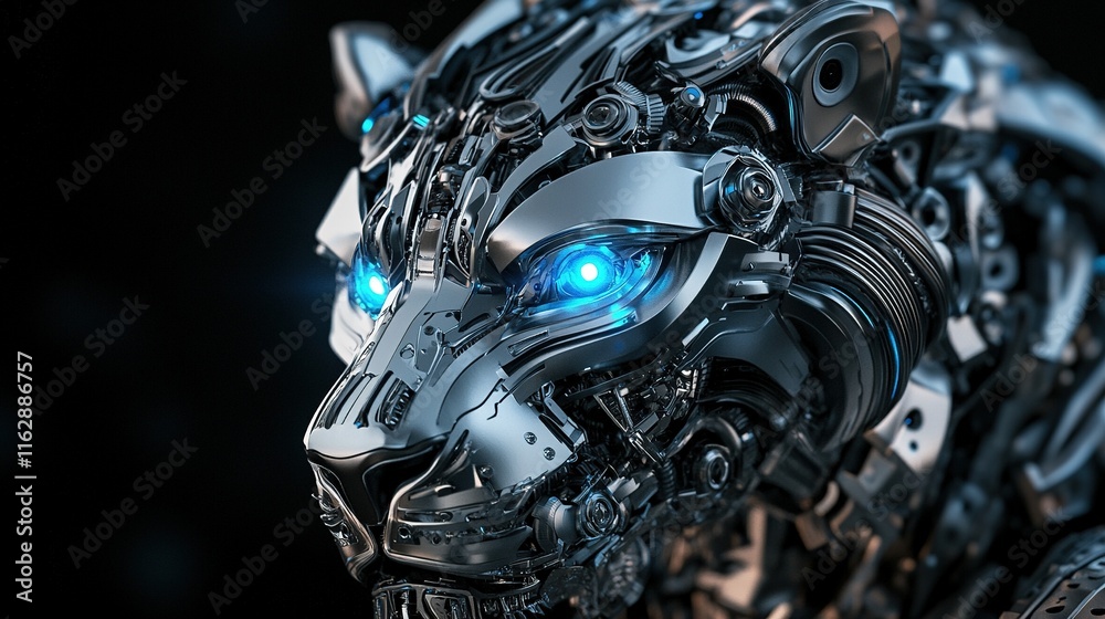 Fototapeta premium Robotic metallic leopard with glowing blue eyes, dark background.