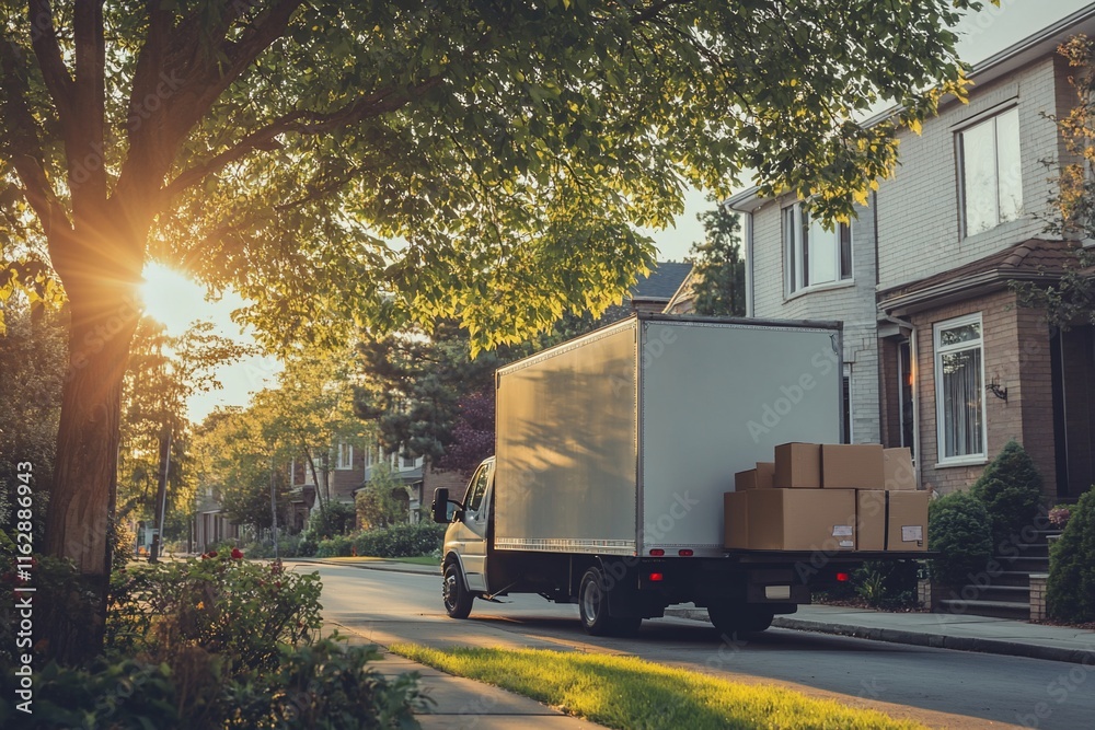 Moving van with boxes on a residential street at sunset. Moving van with boxes on a residential street at sunset.