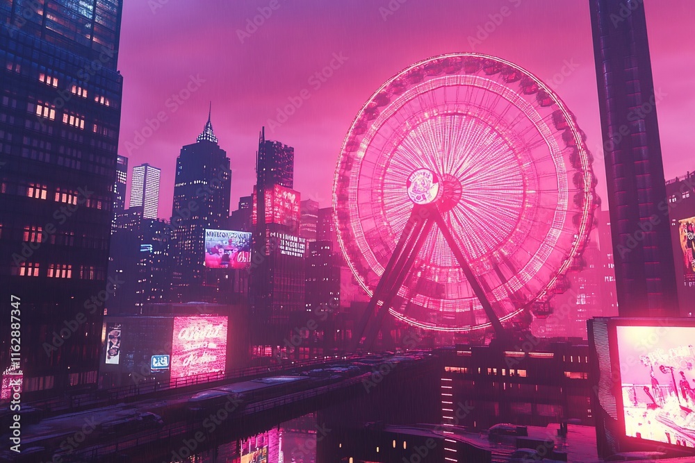 Fototapeta premium Pink-lit Ferris wheel at night in a futuristic city.