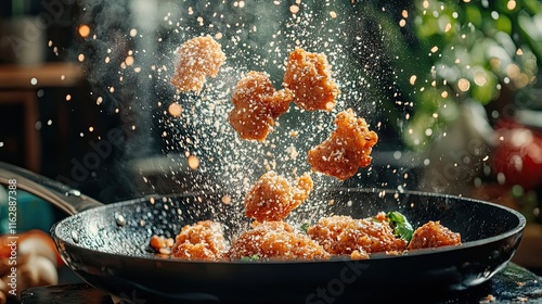 Sesame Crusted Chicken Pieces Tossed In A Wok photo