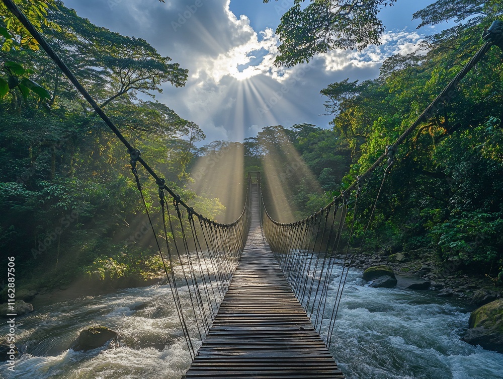 Fototapeta premium Sunbeams illuminate a rustic rope bridge spanning a lush jungle river.