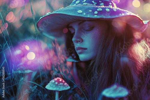 A serene woman in a wide-brimmed hat, lost in a vibrant dreamscape of colors and lights. photo