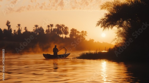 Sunrise Fisherman in Nile River, Golden Hour, Egypt, Palm Trees