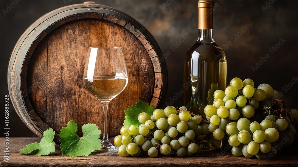 Obraz premium White wine, grapes, and wooden barrel.