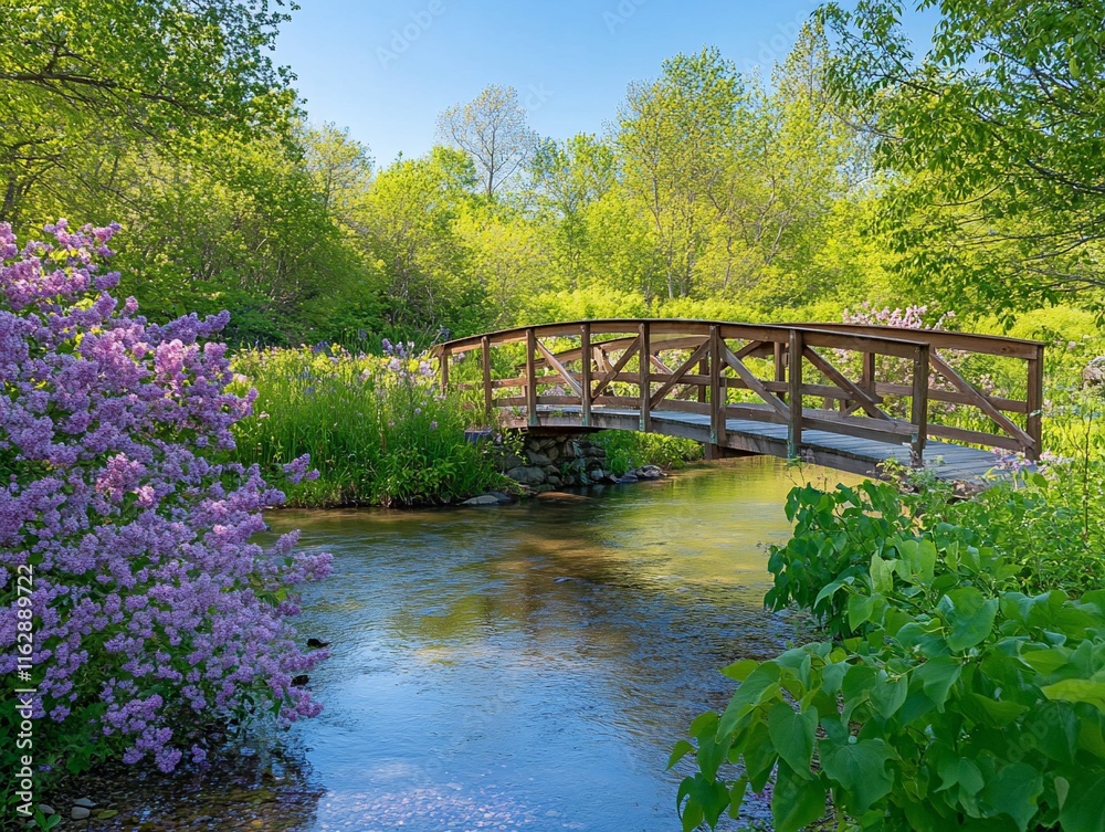 Wooden bridge over calm stream in lush green park with vibrant lilac bushes. Wooden bridge over calm stream in lush green park with vibrant lilac bushes.