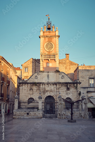Clock tower in old town of Zadar city, Croatia