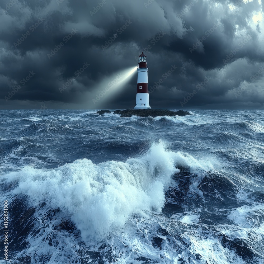 Majestic Lighthouse Amidst Stormy Ocean Waves Illuminated by Beacon Light on Rugged Rock Under Dark Sky, Capturing Nature's Power and Marine Navigation