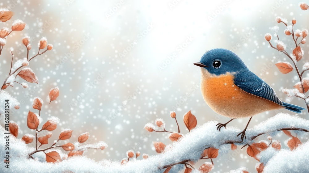 Cute blue bird perched on snow-covered branch in winter wonderland. Cute blue bird perched on snow-covered branch in winter wonderland.