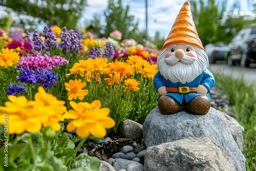 A cheerful gnome sits on a stone, brightening a sunny garden filled with vibrant flowers