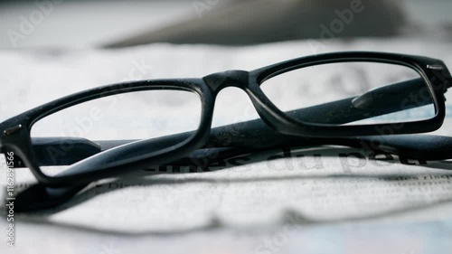 A close up of the glasses on the newspaper. photo