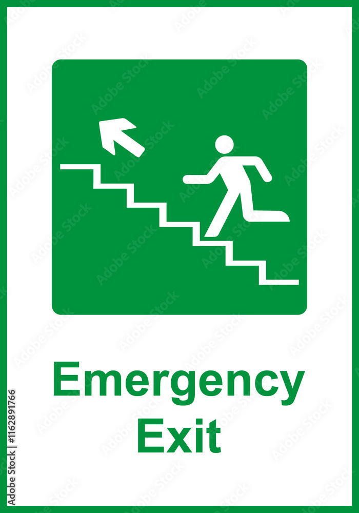 Green sign evacuation exit up steps. Designations location emergency evacuation exit. Quick and safe exit from a building or facility in case emergency. Direction a safe area. Iso 7010. Fire exit. Green sign evacuation exit up steps. Designations location emergency evacuation exit. Quick and safe exit from a building or facility in case emergency. Direction a safe area. Iso 7010. Fire exit.