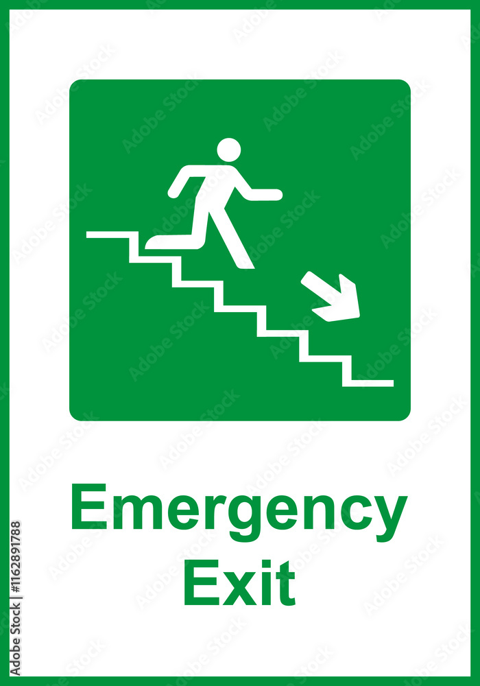 Green sign evacuation exit down steps. Designations location emergency evacuation exit. Quick and safe exit from a building or facility in case emergency. Direction a safe area. Iso 7010. Fire exit. Green sign evacuation exit down steps. Designations location emergency evacuation exit. Quick and safe exit from a building or facility in case emergency. Direction a safe area. Iso 7010. Fire exit.