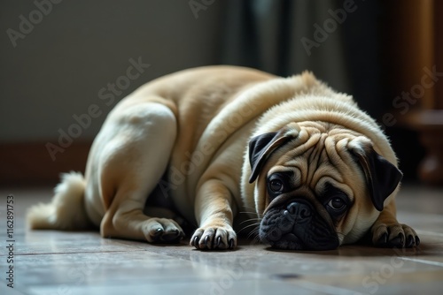 Pug curled up in a ball on the cold floor with a downtrodden face, depressed, unhappy photo