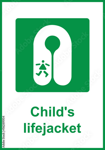 Green sign children lifejacket. Indication the location children lifejackets on vessels or other objects where water safety or emergency situations are required. ISO 7010. Protective equipment.