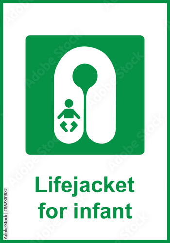 Green sign infant lifejacket. Indicating the location infant lifejackets on vessels or other objects where water safety or emergency situations are required. ISO 7010. Protective equipment.