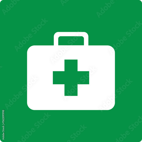 Green sign first aid kit. Indicates the location of a first aid kit containing means for providing first medical aid in emergency situations. First aid means. Iso 7010.