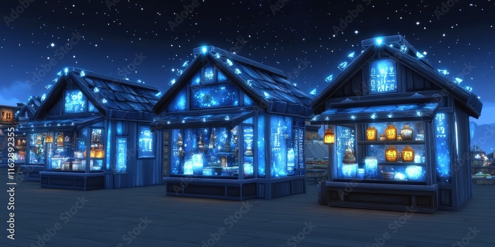 Enchanting Winter Wonderland: Vibrant Holiday Market Stalls Adorned with Twinkling Blue Fairy Lights Under a Starry Night Sky in Festive Christmas Village Enchanting Winter Wonderland: Vibrant Holiday Market Stalls Adorned with Twinkling Blue Fairy Lights Under a Starry Night Sky in Festive Christmas Village